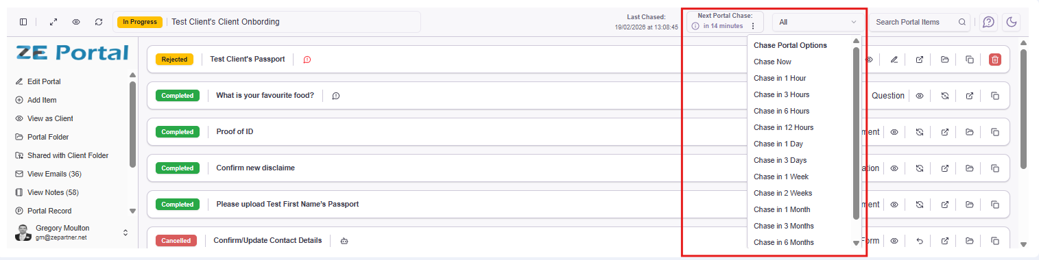 Screenshot of the Portal Widget Header showing the 'Next Portal Chase' menu.